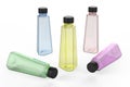 3D renderings of triangular beverage bottles in various colors