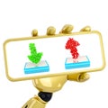 3d robotic hand hold plate with arrows Royalty Free Stock Photo