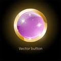 3D round diamond crystal purple button with glowing gold frame.