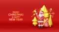 3D Santa Claus with Bell and Gold Christmas Tree Royalty Free Stock Photo