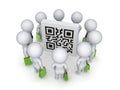 3d small people with green bags around QR code. Royalty Free Stock Photo