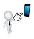 3d small person pointing to mobile phone.