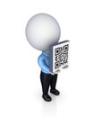 3d small person with a QR code in a hands.