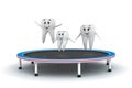 3d smiling Tooth family jumping on trampoline
