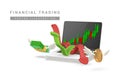 3d stock online trading with laptop, investment graph and flying money in cartoon style. Green red arrow up down. Trade Royalty Free Stock Photo