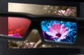 3D television. Glasses 3d in front of TV. Royalty Free Stock Photo