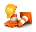3d traffic cones and a safety helmet Royalty Free Stock Photo