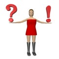 3D woman with question marks and exclamation