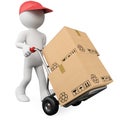 3D worker pushing a hand truck with boxes Royalty Free Stock Photo