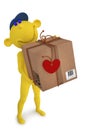 3D yellow people. Valentines. Postman with the box to the Valent