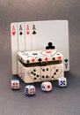 4 aces playing cards and dice box Royalty Free Stock Photo