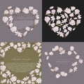 4 Vector floral wreath of magnolia set. Floral pink bouquet on grey lavender and green background. Heart shape frame with flowers Royalty Free Stock Photo