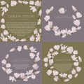 4 Vector floral wreath of magnolia set. Floral pink bouquet on a lavender and green background. Circle shape frame with flowers Royalty Free Stock Photo