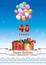 40th anniversary celebration with colorful balloons on blue background with gifts and flowers Royalty Free Stock Photo