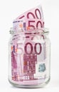 500 Euro bank notes in a glass jar Royalty Free Stock Photo
