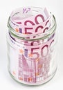 500 Euro bank notes in a glass jar Royalty Free Stock Photo