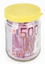 500 Euro bank notes in a glass jar Royalty Free Stock Photo