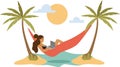 7Freelancer lying in a hammock, relaxing in the sea, working online on a laptop.