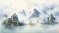 8k Resolution Asia Landscape Painting: Serene Mountain Of China Watercolor Illustration Royalty Free Stock Photo