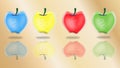 4 Apples in blue, yellow, red and green color with gold color background