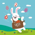 Happy Easter white rabbit with colourful eggs and carrot friend cartoon