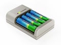 AA sized rechargeable batteries inside battery charger. 3D illustration