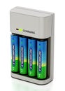 AA sized rechargeable batteries inside battery charger. 3D illustration