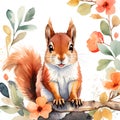 cute squirrel on branch among floral painted in watercolor style