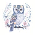 cute owl in a wreath of pastel flowers on white background, watercolor painting Royalty Free Stock Photo