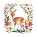 watercolor illustration of cute red kangaroo in floral frame isolated on white background Royalty Free Stock Photo