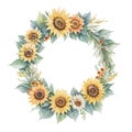 Watercolor illustration of floral wreath with sunflower and leaves Royalty Free Stock Photo