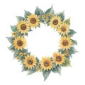 Illustration of sunflower wreath with leaves in watercolor style Royalty Free Stock Photo