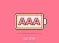 AAA battery icon in comic style. Power level cartoon vector illustration on isolated background. Lithium accumulator splash effect Royalty Free Stock Photo