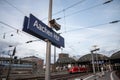 AACHEN, GERMANY - NOVEMBER 8, 2022: Selective blur on the sign Aachen Hbf , meaning Aachen Hauptbahnhof, in german the main train