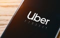 Uber driver holding smartphone in car. Uber is an American company offering different transportation services online Royalty Free Stock Photo