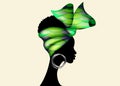Portrait African woman wears green bandana for curly hairstyles. Shenbolen Ankara Headwrap Women. Afro Traditional Headtie Scarf