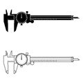 Dial caliper. Measurement tool. Thin line and silhouette vector