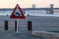 A warning sign in the harbor of Aalborg, Denmark at a cold day in spring. Royalty Free Stock Photo