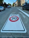 Aalter , East Flandres, Belgium 08 29 2022 A driving speed limit traffic sign for 30 kilometers per hour