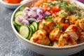 Aappetizing and hearty plate of chicken, rice and vegetables. The chicken is stewed in sauce, and the rice is crumbly Royalty Free Stock Photo