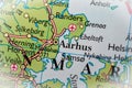 Aarhus, Denmark highlighted on a world map Royalty Free Stock Photo