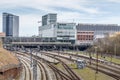 Aarhus train station with rails going under bridge. Bruun`s gallery shopping center is seen in the background. bicycle parking is Royalty Free Stock Photo