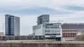 Aarhus train station with rails going under bridge. Bruun`s gallery shopping center is seen in the background. bicycle parking is Royalty Free Stock Photo