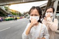 Aasian mother and daughter child girl wearing face mask protection,female people prevent air contamination entering the body,