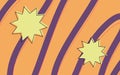 Muted purple amorphous curves and boom muted yellow stars with outline on orange background.