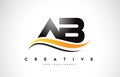 AB A B Swoosh Letter Logo Design with Modern Yellow Swoosh Curve