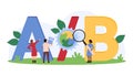 AB test, bucket testing, user experience research of tiny people with magnifying glass