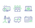 Ab testing, Online delivery and Launch project icons set. Group, Bitcoin system and Calendar graph signs. Vector