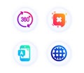 Ab testing, Reject and 360 degrees icons set. Globe sign. Phone test, Delete message, Full rotation. Vector