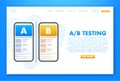 AB testing, split test. Bug Fixing, User Feedback. Homepage landing page template. Vector stock illustration.